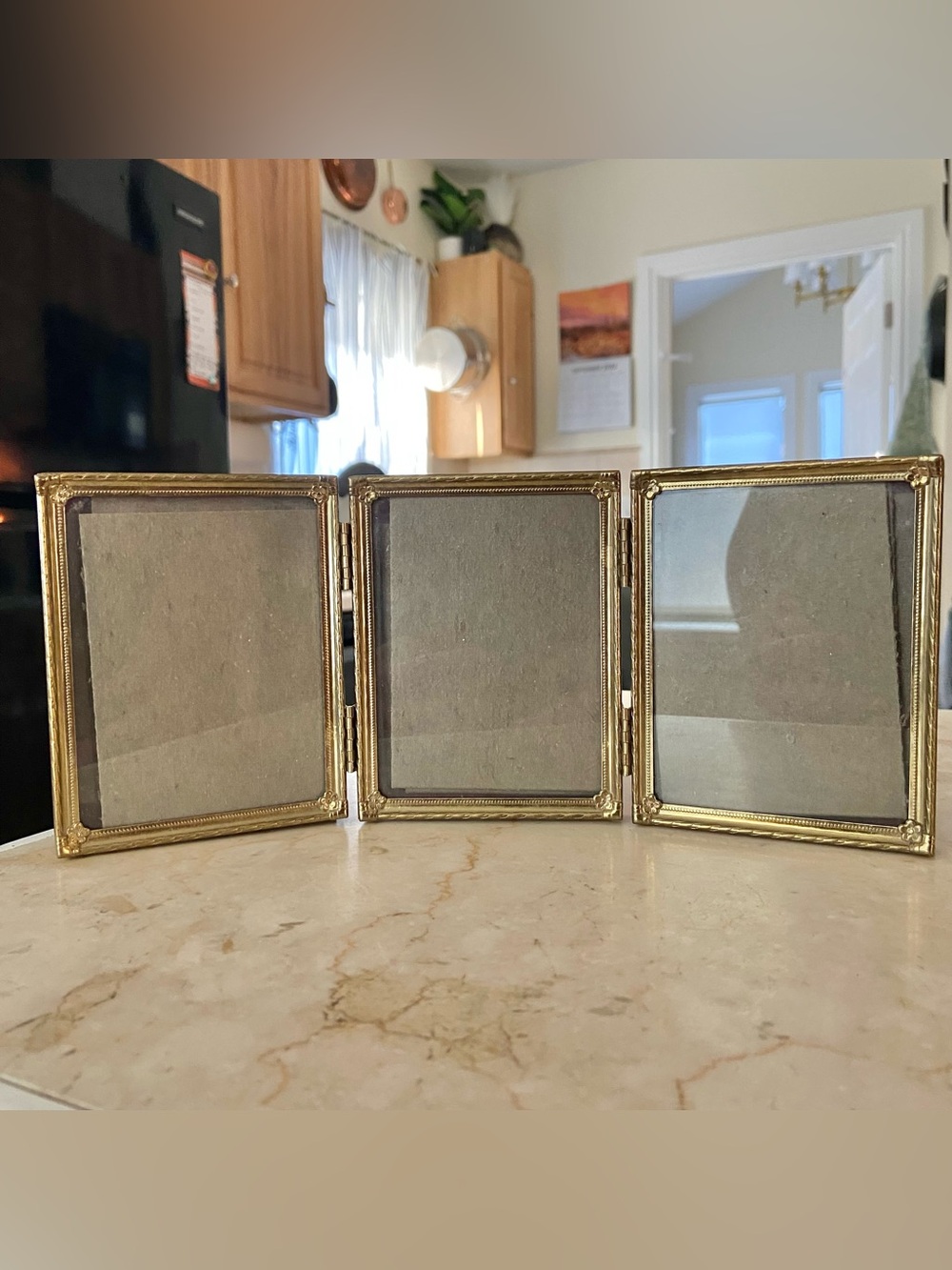 Vintage Mid-Century Gold Brass Tri-Fold Picture Frame (3.5x5)